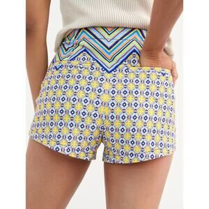 Maeve Printed High-Rise Mosaic Pattern Shorts in Yellow and Blue
